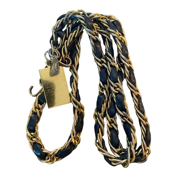 Morris Moskowitz Vintage Gold Chain Navy Blue Leather Hook Belt 39.5" - Picture 2 of 7